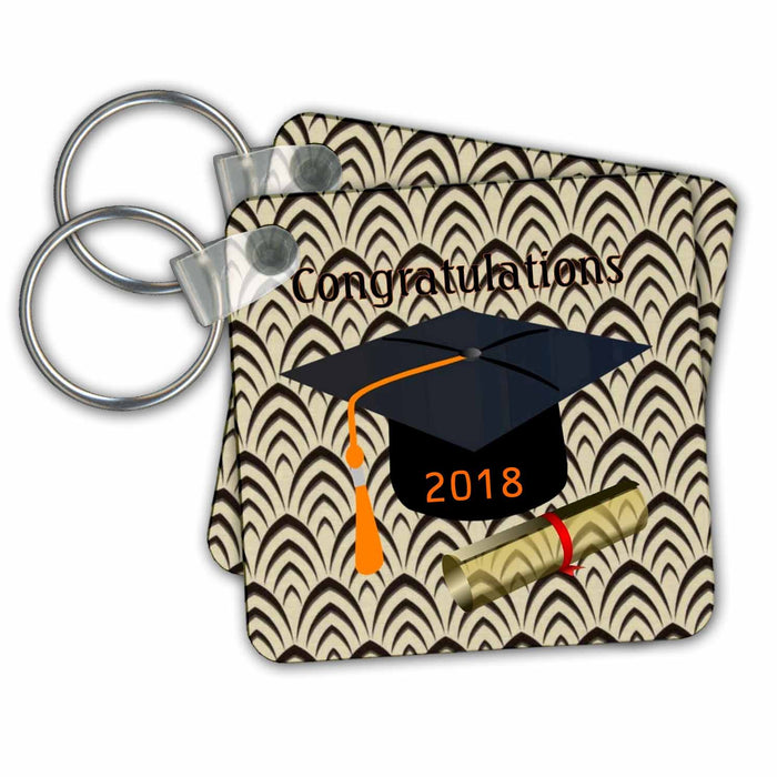 Key Chain - Image of Congratulations Black Cap Orange Tassel and Diploma Graduation