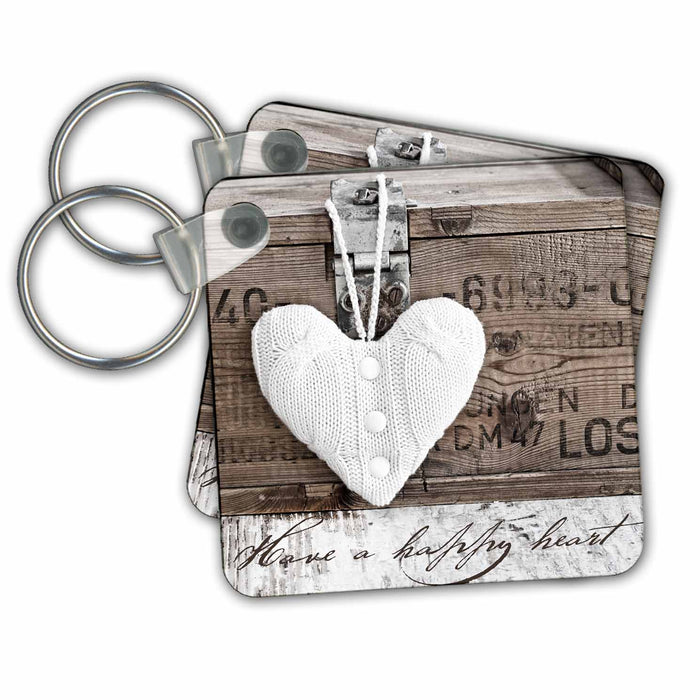 Key Chain - Mixed media art of knitted heart hanging on old crate and typography Love and Hearts Art