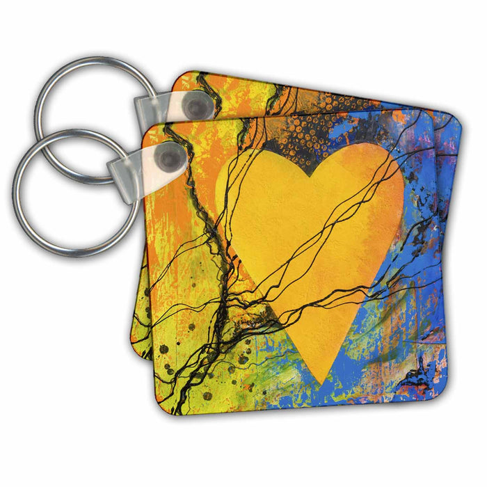 Key Chain - Abstract painting with heart in yellow and blue Love and Hearts Art