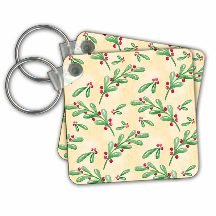 Key Chain - Cute Christmas Watercolor Holly Leaves and Berries Pattern Christmas