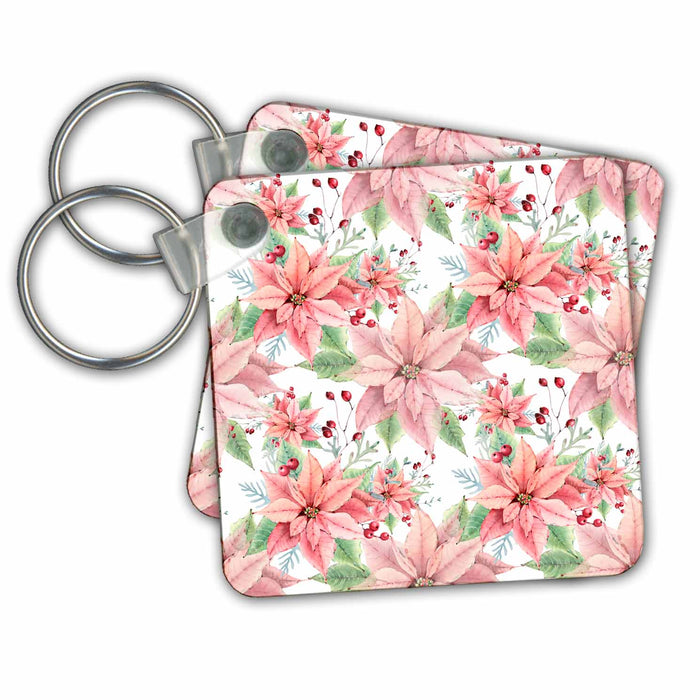 Key Chain - Pretty Watercolor Poinsettia Flowers Pattern Christmas