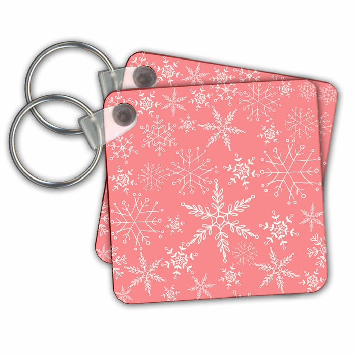 Key Chain - Pretty Pink and White Fancy Snowflake Pattern Winter