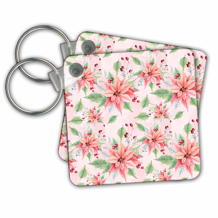 Key Chain - Elegant Pink and Red Poinsettia Christmas Flowers On A Pink Background Christmas