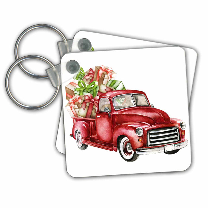 Key Chain - Watercolor Red Christmas Truck Full Of Presents Illustration Christmas