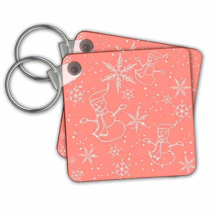 Key Chain - Pretty Snowmen and Snowflakes On A Pink Background Pattern Christmas