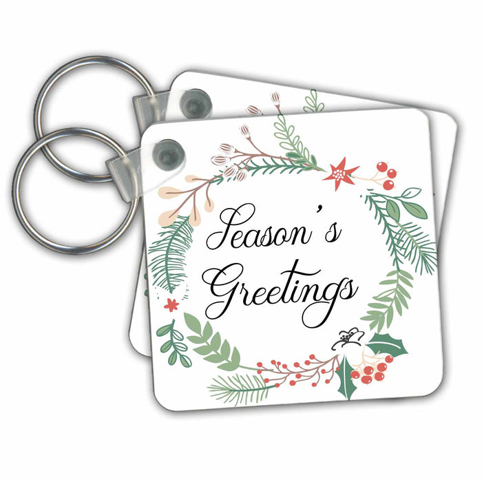 Key Chain - Cute Christmas Berry Wreath With Seasons Greetings Illustration Christmas