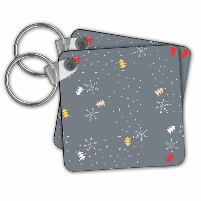 Key Chain - Cute Little Red, Yellow, and Pink Christmas Trees and Snowflakes Christmas