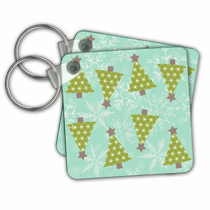 Key Chain - Cute Star Green Christmas Trees and Snowflakes On Aqua Christmas