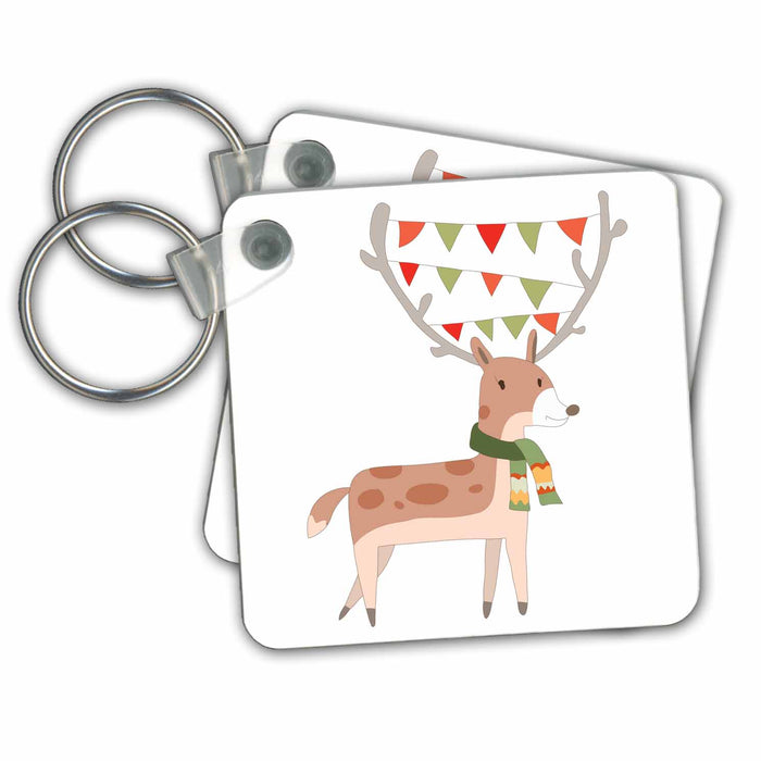 Key Chain - Cute Christmas Reindeer With Christmas Bunting Illustration Christmas