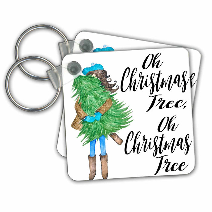 Key Chain - Cute Watercolor Girl Hugging A Christmas Tree With Oh Christmas Tree Christmas