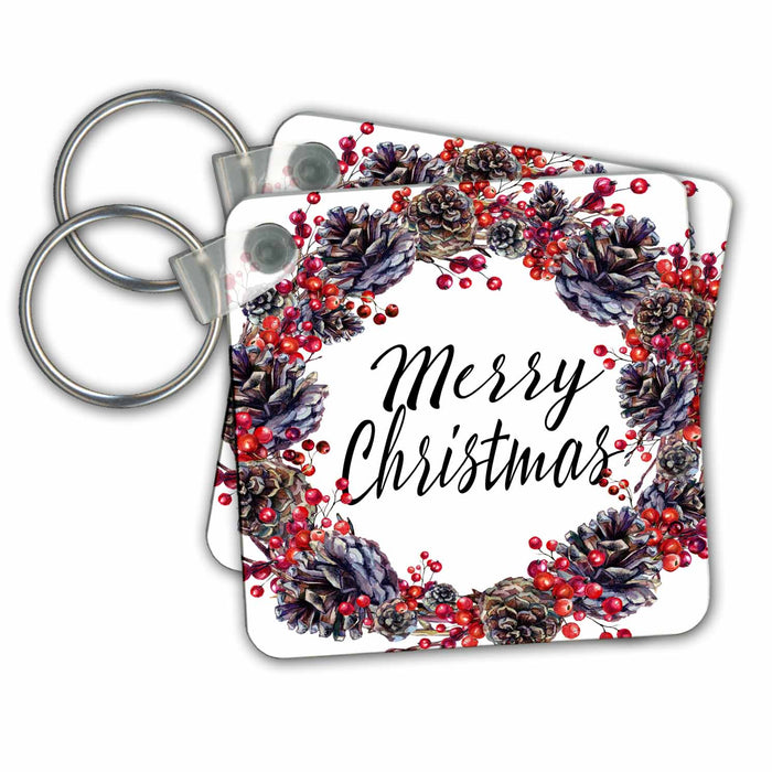 Key Chain - Pretty Pinecone and Berry Wreath With Merry Christmas Illustration Christmas