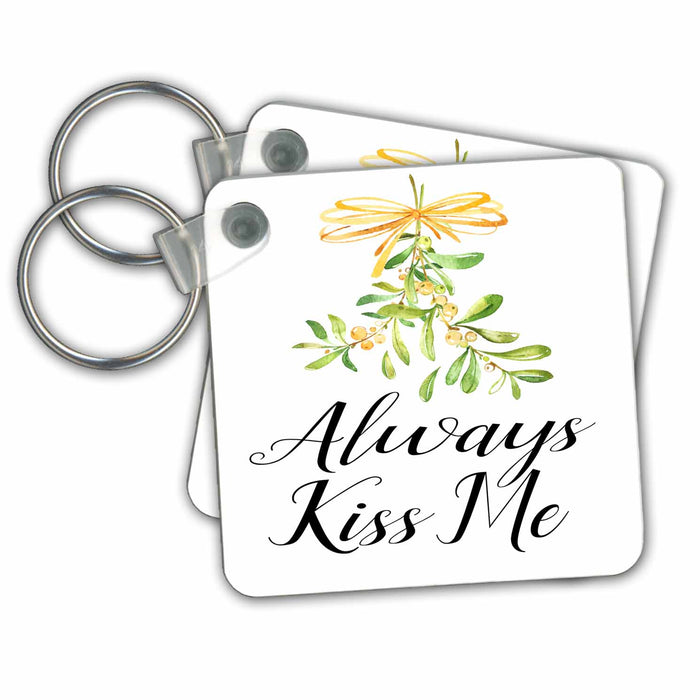 Key Chain - Always Kiss Me With Watercolor Mistletoe Christmas