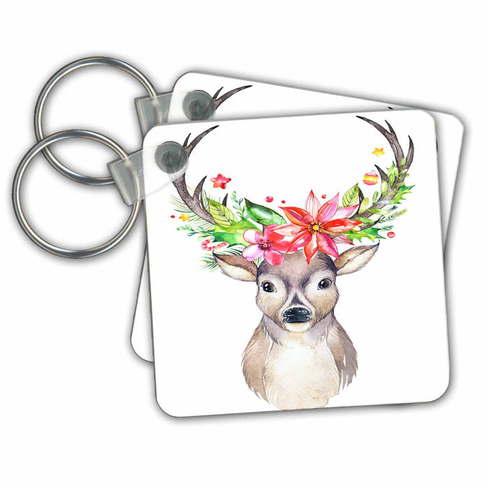 Key Chain - Pretty Watercolor Christmas Deer With Floral Antlers Christmas