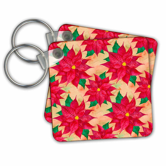 Key Chain - Pretty Watercolor Christmas Poinsettia Flowers Pattern Christmas