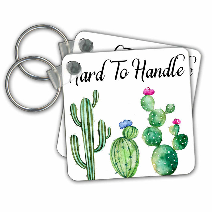 Key Chain - Green Watercolor Cactus With Hard To Handle Word Art