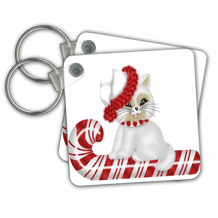 Key Chain - Cute Christmas Kitten On A Candy Cane Illustration Illustrations