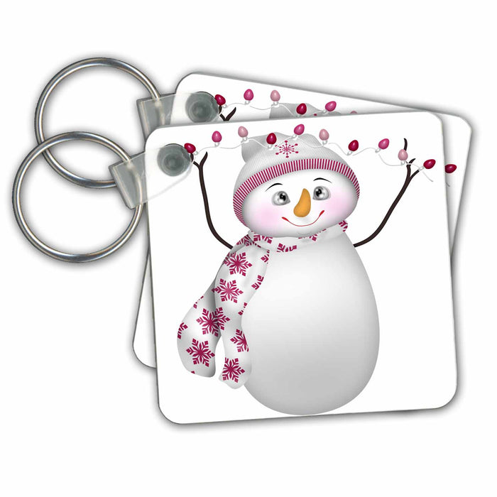 Key Chain - Cute Pink and White Christmas Snowman With Christmas Lights Illustrations