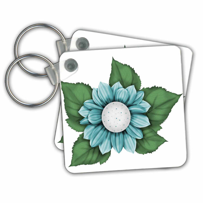 Key Chain - Pretty Light Blue Flower With Green Leaves Illustration Illustrations