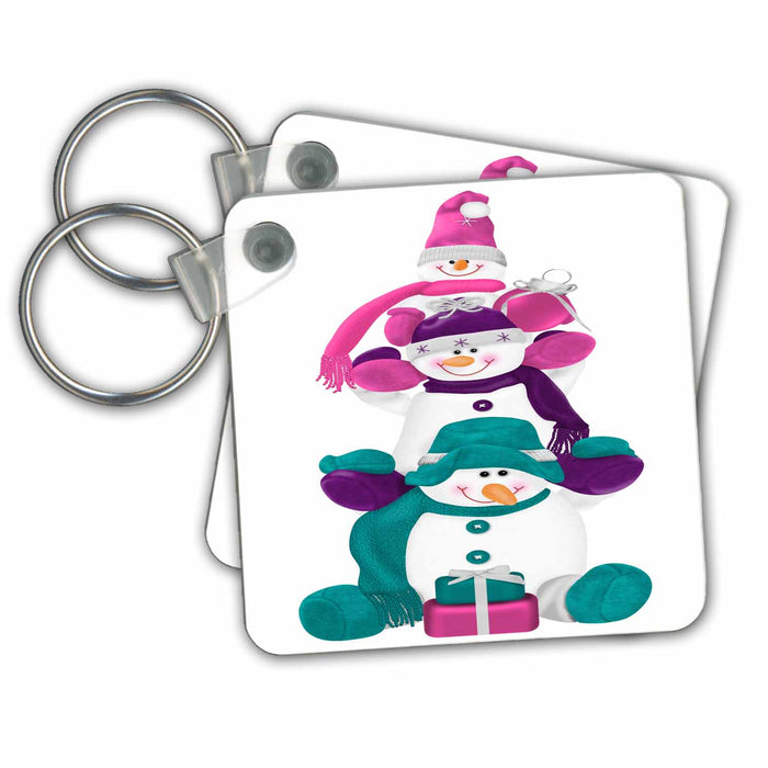 Key Chain - Cute Three Stacked Snowmen In Pink, Purple, And Aqua Illustration Illustrations