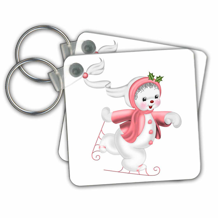 Key Chain - Cute Pink and White Ice Skating Snowman Illustration Illustrations