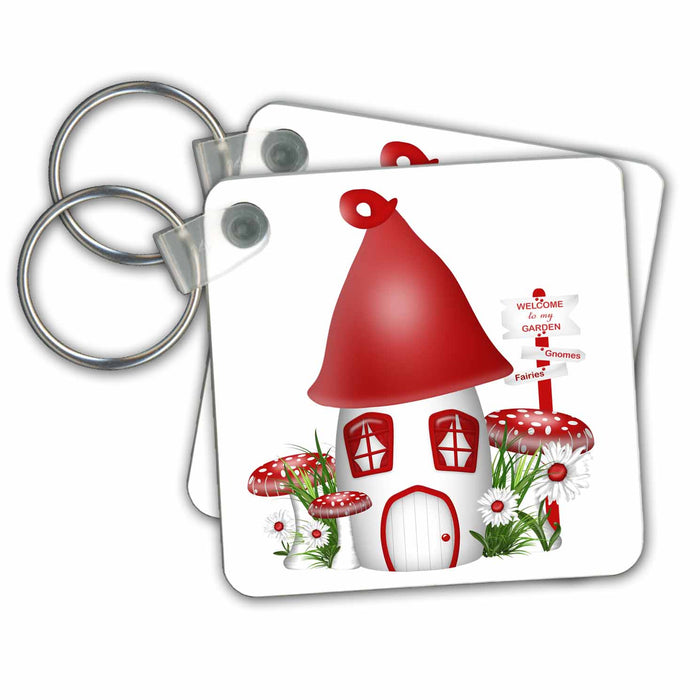 Key Chain - Cute Little Red and White Mushroom Gnome Home Illustration Illustrations