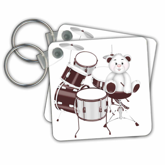 Key Chain - Cute Brown and White Bear With A Set of Drums Illustration Illustrations