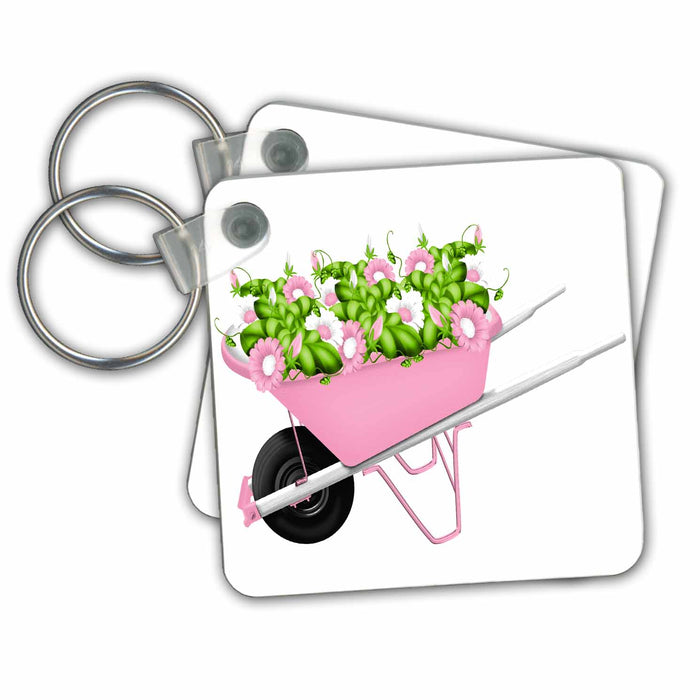 Key Chain - Cute Pink Wheelbarrel With Pink and White Flowers Illustration Illustrations