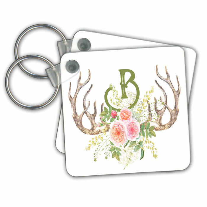 Key Chain - Pretty Pink Rose Antler Monogram Initial B Watercolor Illustration Monograms