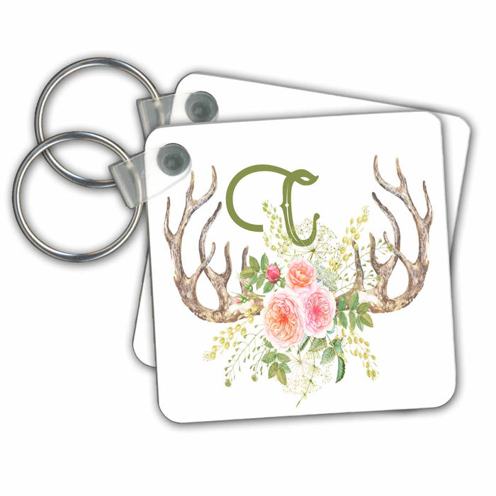 Key Chain - Pretty Pink Rose Antler Monogram Initial C Watercolor Illustration Monograms