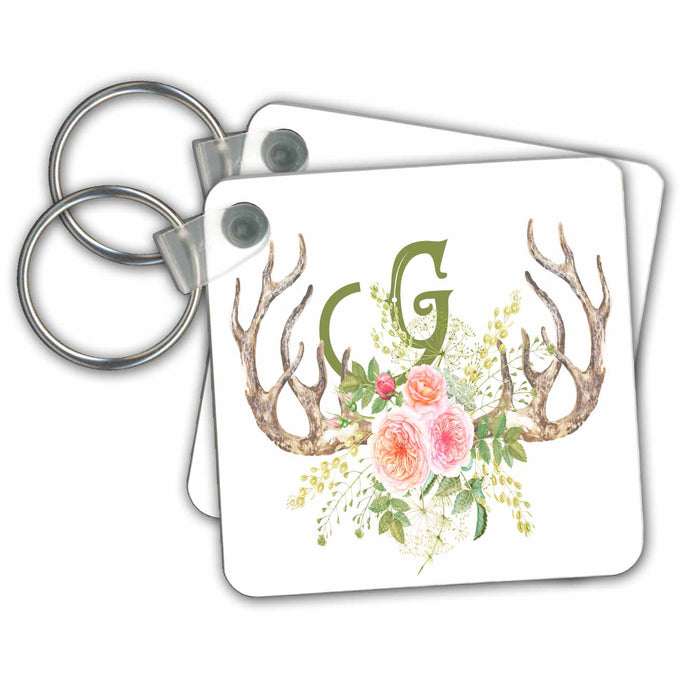 Key Chain - Pretty Pink Rose Antler Monogram Initial G Watercolor Illustration Monograms