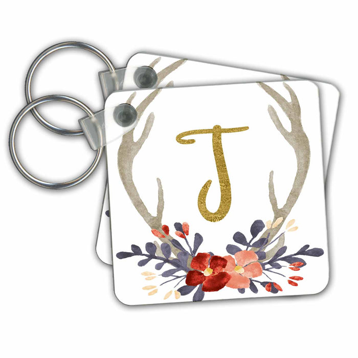 Key Chain - Glam Gold J Monogram In A Watercolor Pink and Blue Floral Antler Monograms