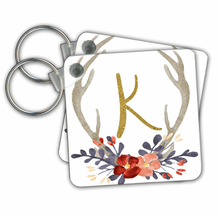 Key Chain - Glam Gold K Monogram In A Watercolor Pink and Blue Floral Antler Monograms