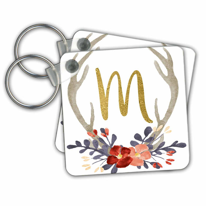 Key Chain - Glam Gold M Monogram In A Watercolor Pink and Blue Floral Antler Monograms