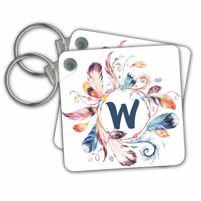 Key Chain - Boho Feather Wreath With A Monogram W Initial Watercolor Design Monograms