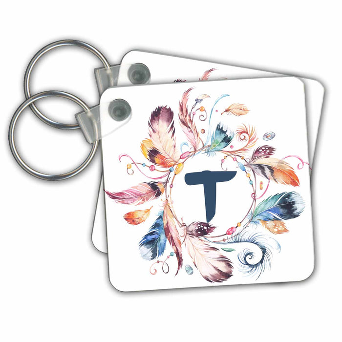 Key Chain - Boho Feather Wreath With A Monogram T Initial Watercolor Design Monograms