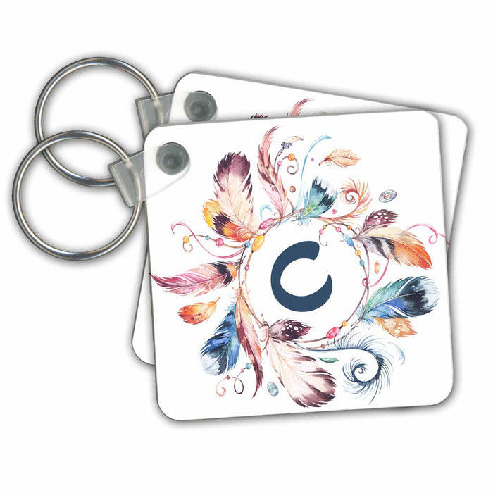 Key Chain - Boho Feather Wreath With A Monogram C Initial Watercolor Design Monograms