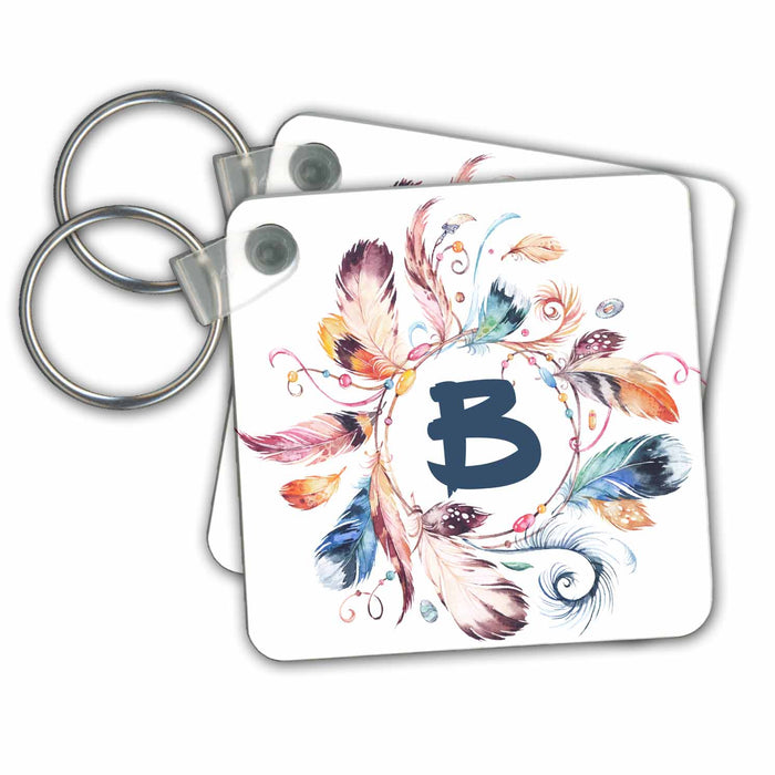 Key Chain - Boho Feather Wreath With A Monogram B Initial Watercolor Design Monograms