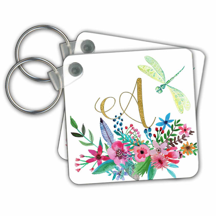 Key Chain - Pretty Watercolor Floral Green Dragonfly, Gold Monogram A Design Monograms