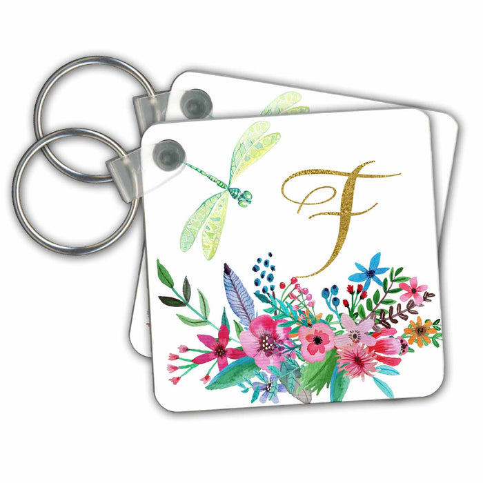 Key Chain - Pretty Watercolor Floral Green Dragonfly, Gold Monogram F Design Monograms