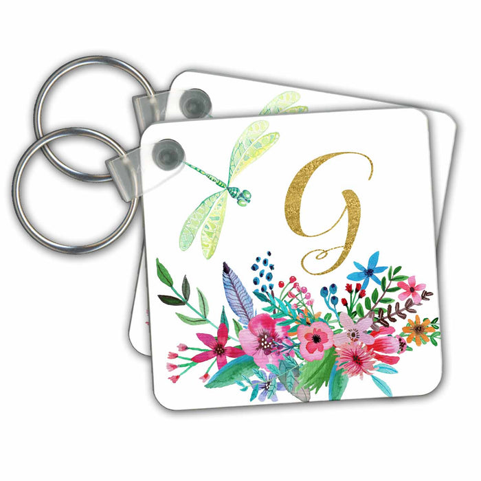 Key Chain - Pretty Watercolor Floral, Green Dragonfly, Gold Monogram G Design Monograms