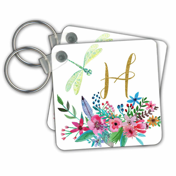 Key Chain - Pretty Watercolor Floral, Green Dragonfly, Gold Monogram H Design Monograms