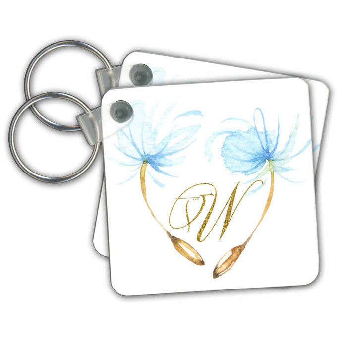 Key Chain - Pretty Watercolor Blue Dandelion Wishes, Gold Monogram W Design Monograms