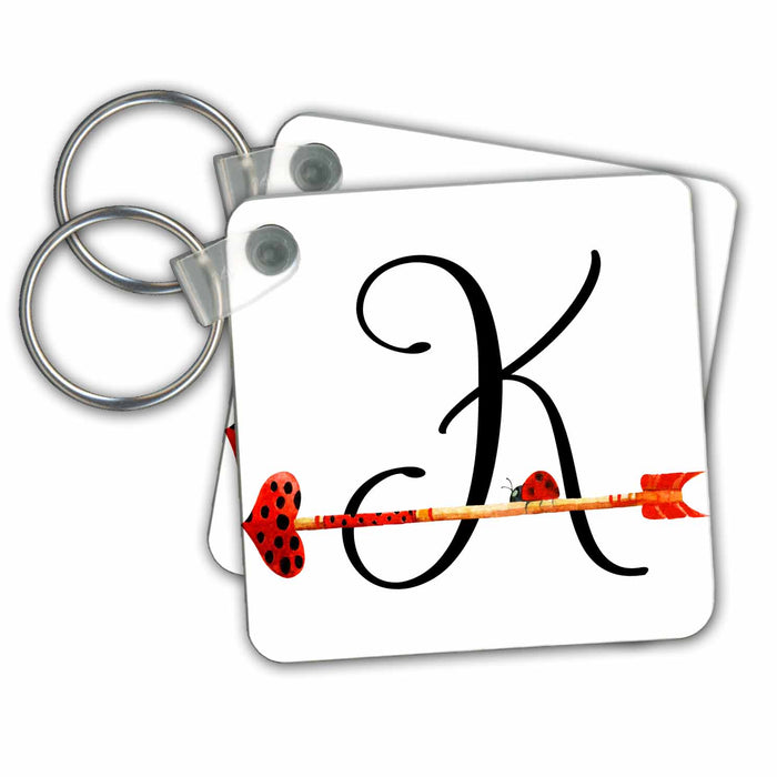 Key Chain - Cute Watercolor Red and Black Ladybug Heart Arrow Monogram K Monograms