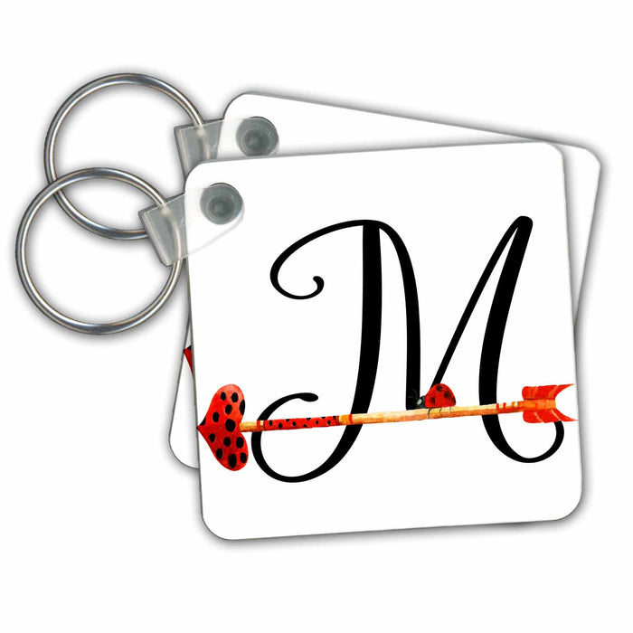 Key Chain - Cute Watercolor Red and Black Ladybug Heart Arrow Monogram M Monograms