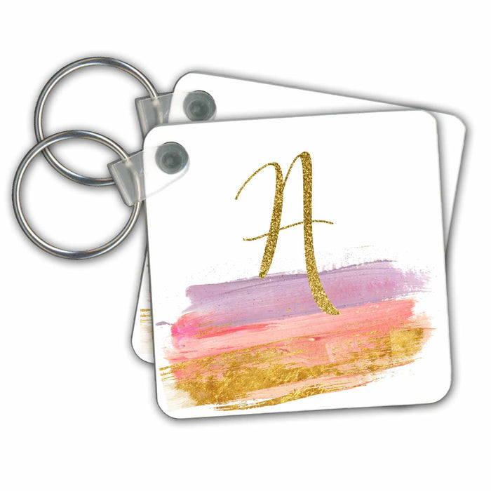 Key Chain - Modern Purple, Pink, Gold Brush Strokes Monogram A Monograms