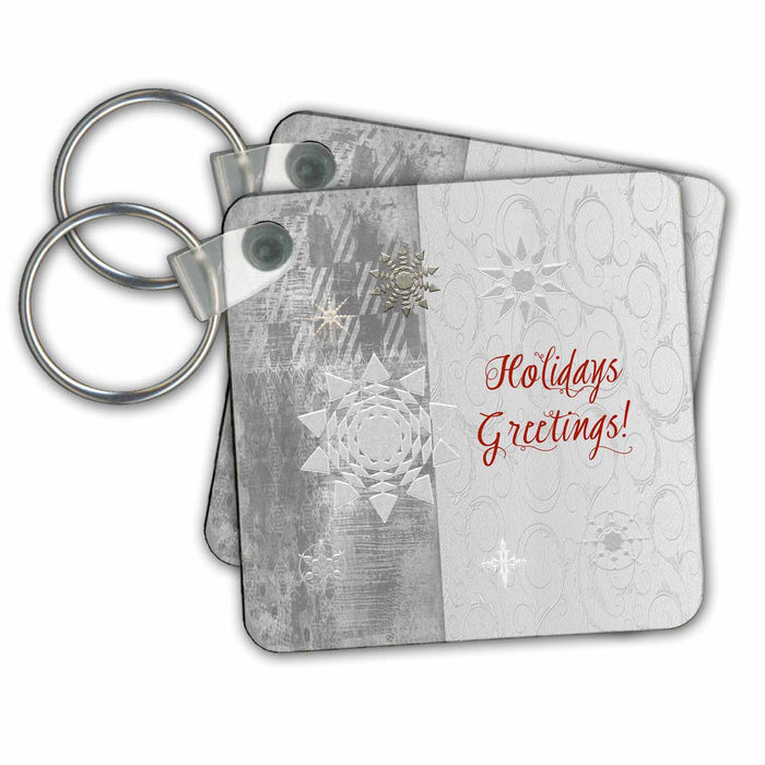 Key Chain - Snowflake Abstract, Happy Holidays, Silver Christmas Design