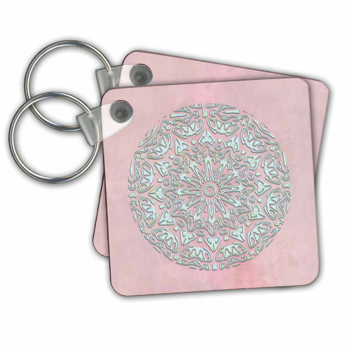 Key Chain - Image of Elegant Teal Shimmering Ornament On Soft Pink Background Glamour and Glitter