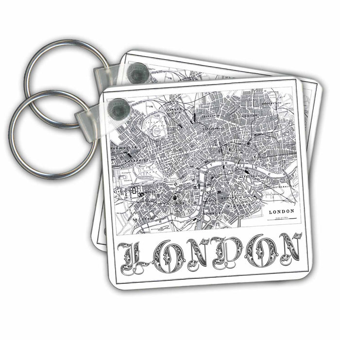 Key Chain - Vintage London Map Black And White Art Illustration