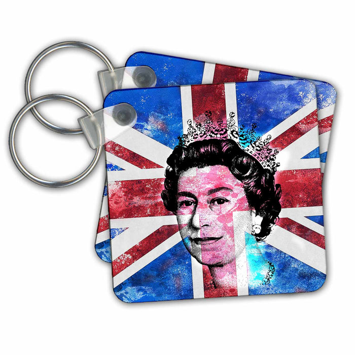 Key Chain - Queen Elisabeth Of England Portrait On British Union Jack Flag Art Illustration