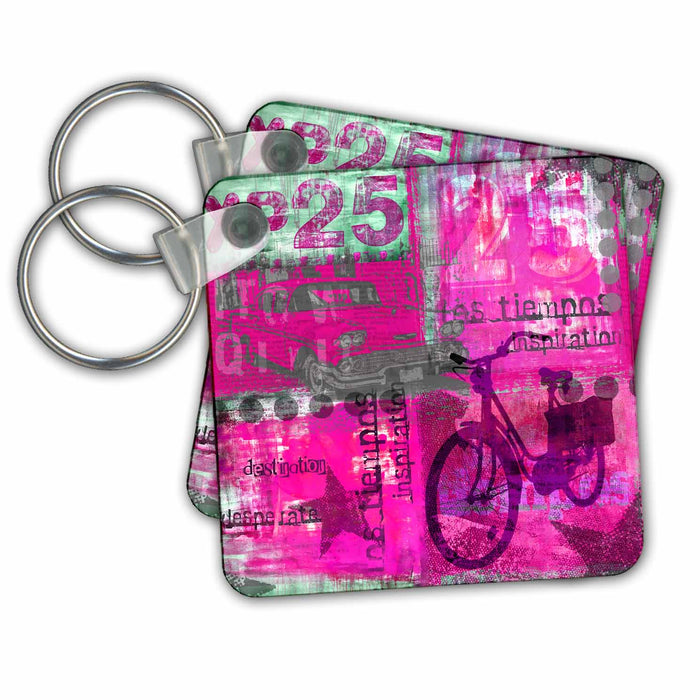 Key Chain - Purple Grey Mixed Media Art Illustration With Car And Bike Art Illustration